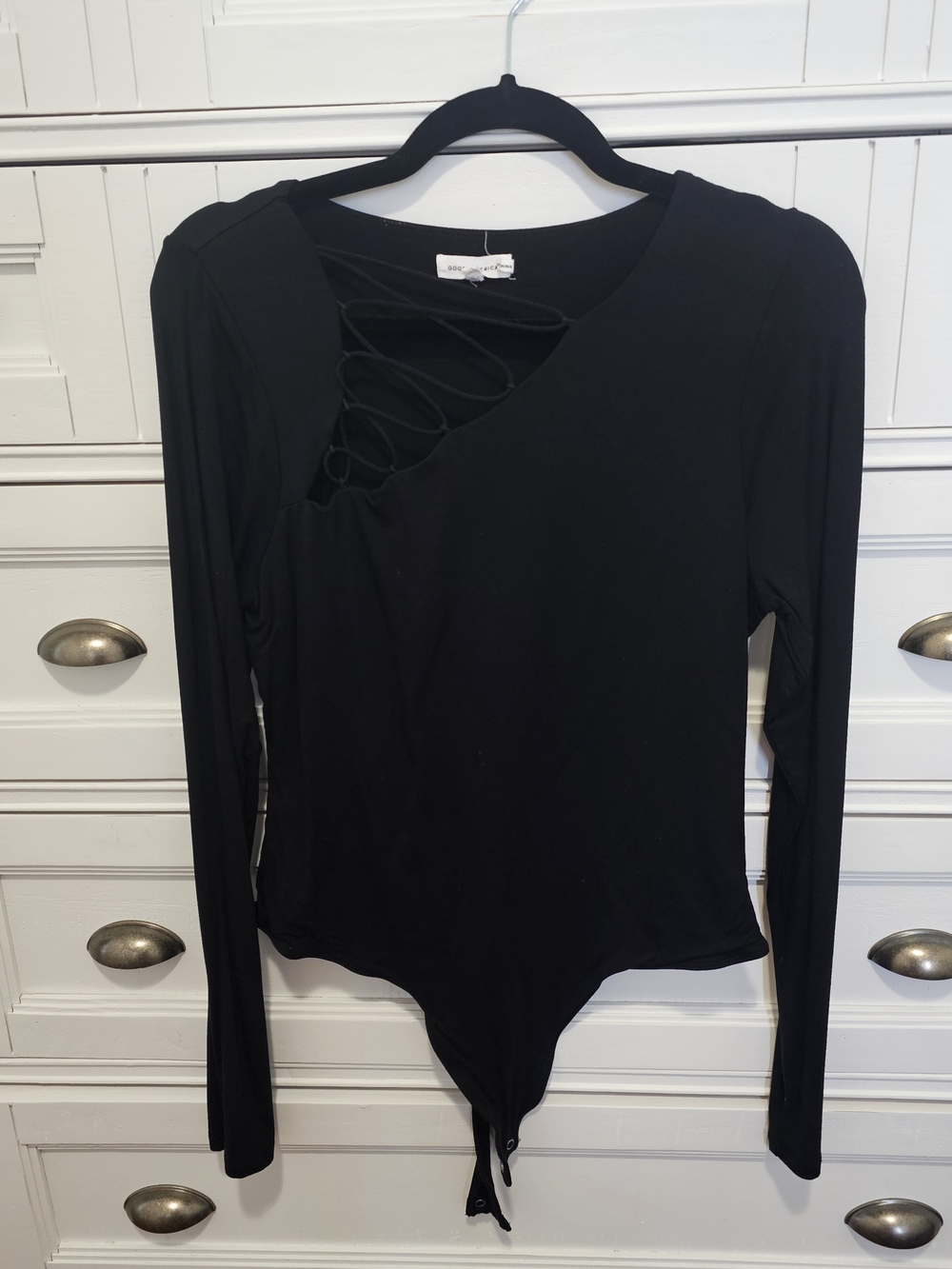 Good American Black Long-Sleeve Lace-Up Bodysuit